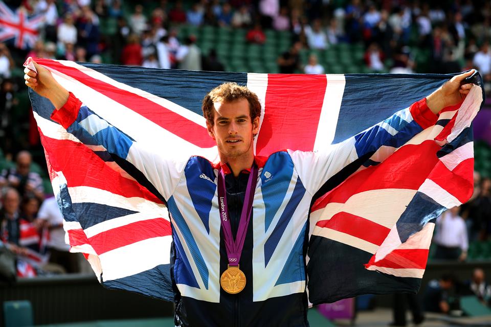 Andy Murray holding Team GB flag Wimbledon London 2012