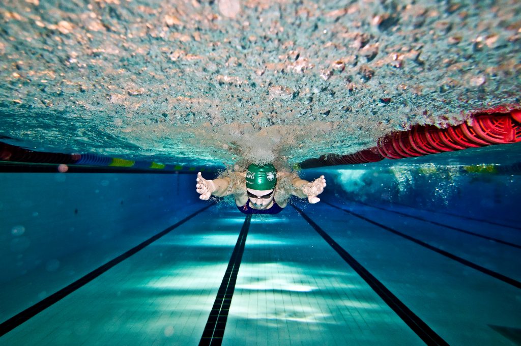 An underwater photo of a University of Stirling swimmer in the swimming pool.