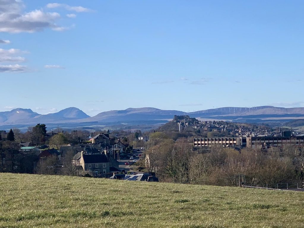 View from Bannockburn of Stirling and surrounding hills. 